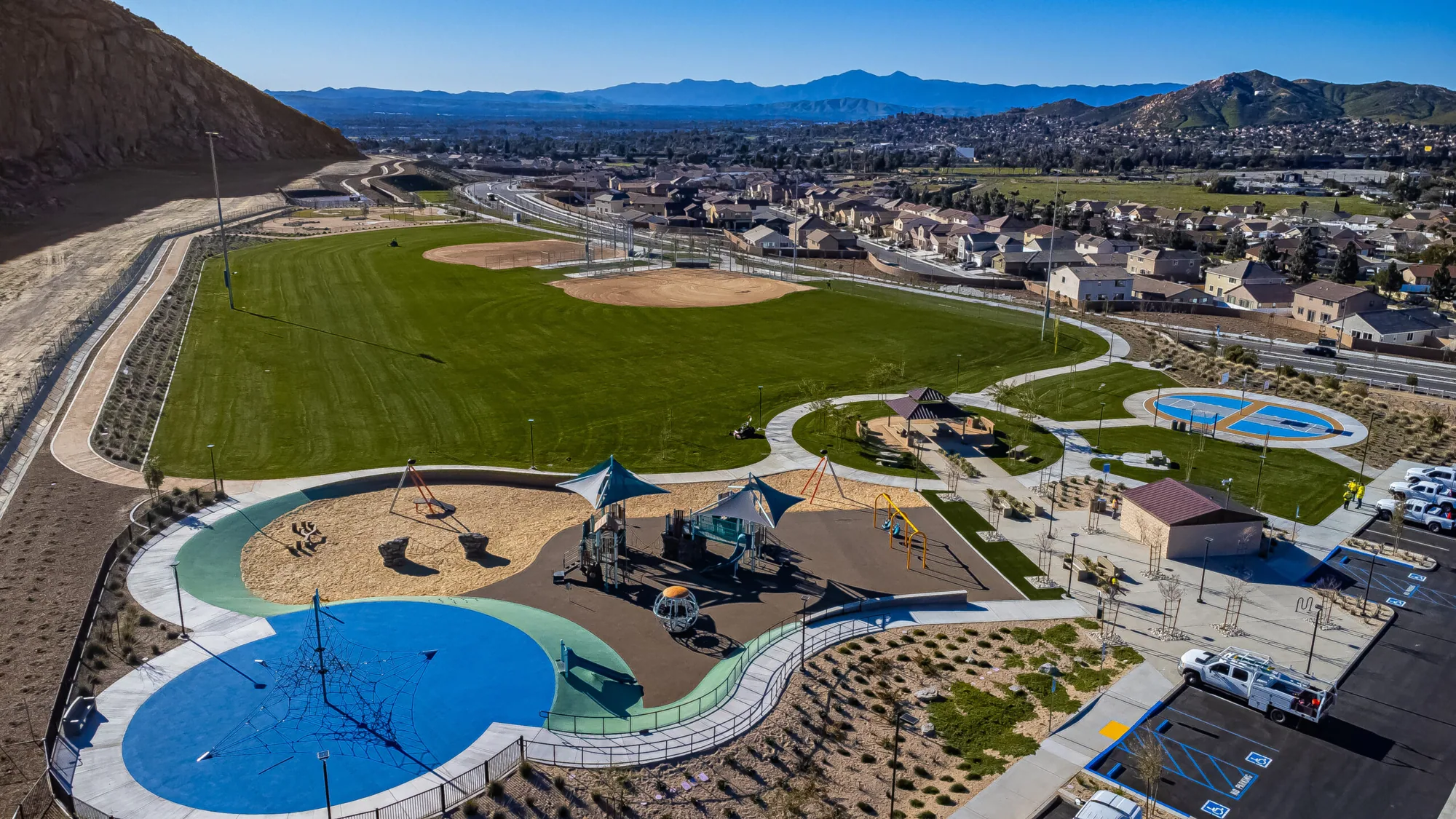 Aerial view of a park and neighborhood in Jurupa Valley, California
