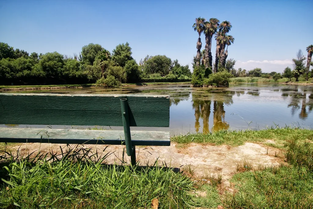 Lake and bench near Jurupa Valley, California
